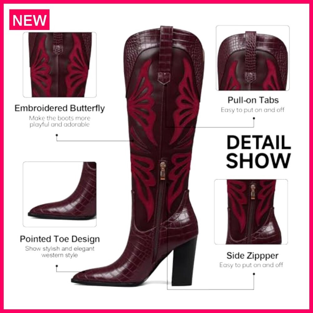 Pointed Toe Knee High Cowboy Boots with Chunky Heel and Side Zipper - Picture 5 of 7